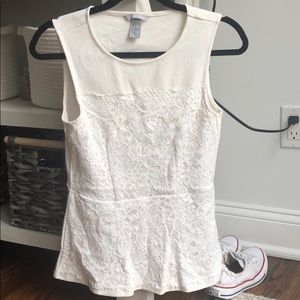 H&M white cream peplum top w lace overlay